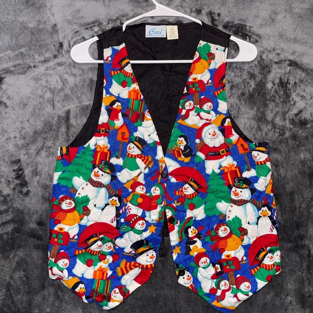 Vintage Christmas Snowman Penguin Holiday Vest Blue Multicolor Mens Large XL